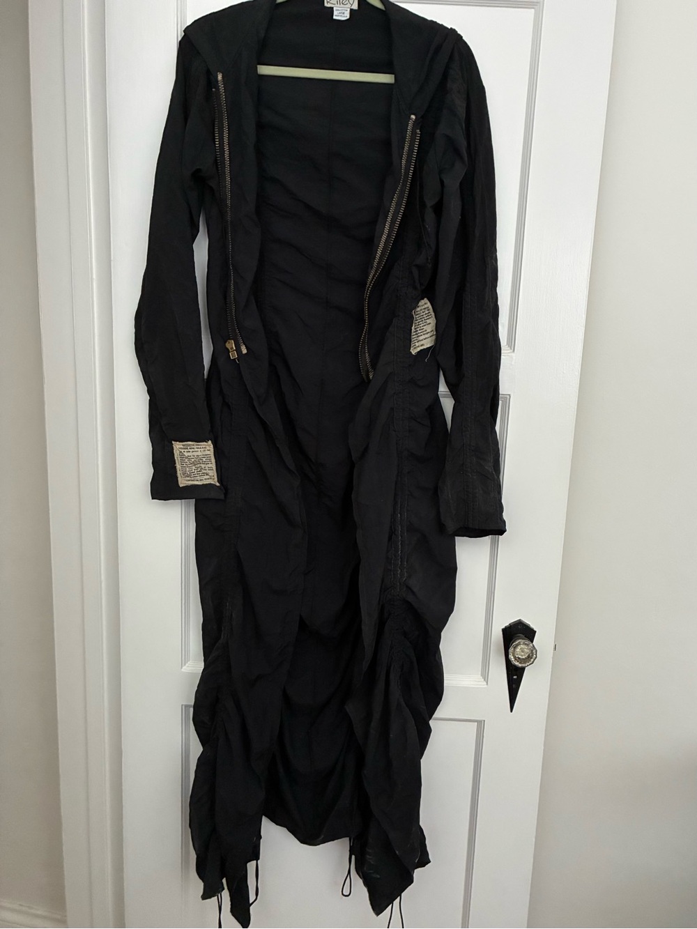 RILEY Vintage Long Black Hooded Trench Coat - L